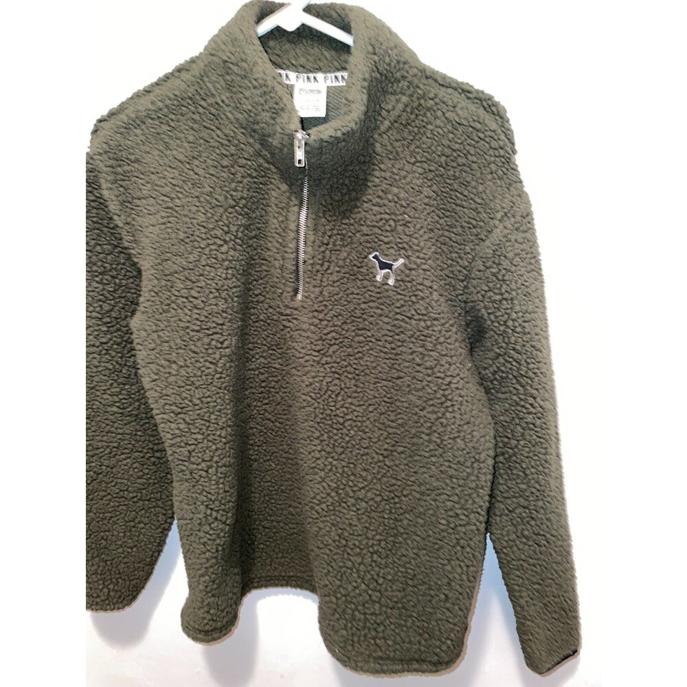 Victoria Secret PINK Jacket Women's S Green Sherpa Fleece Pullover 1/4 Zip